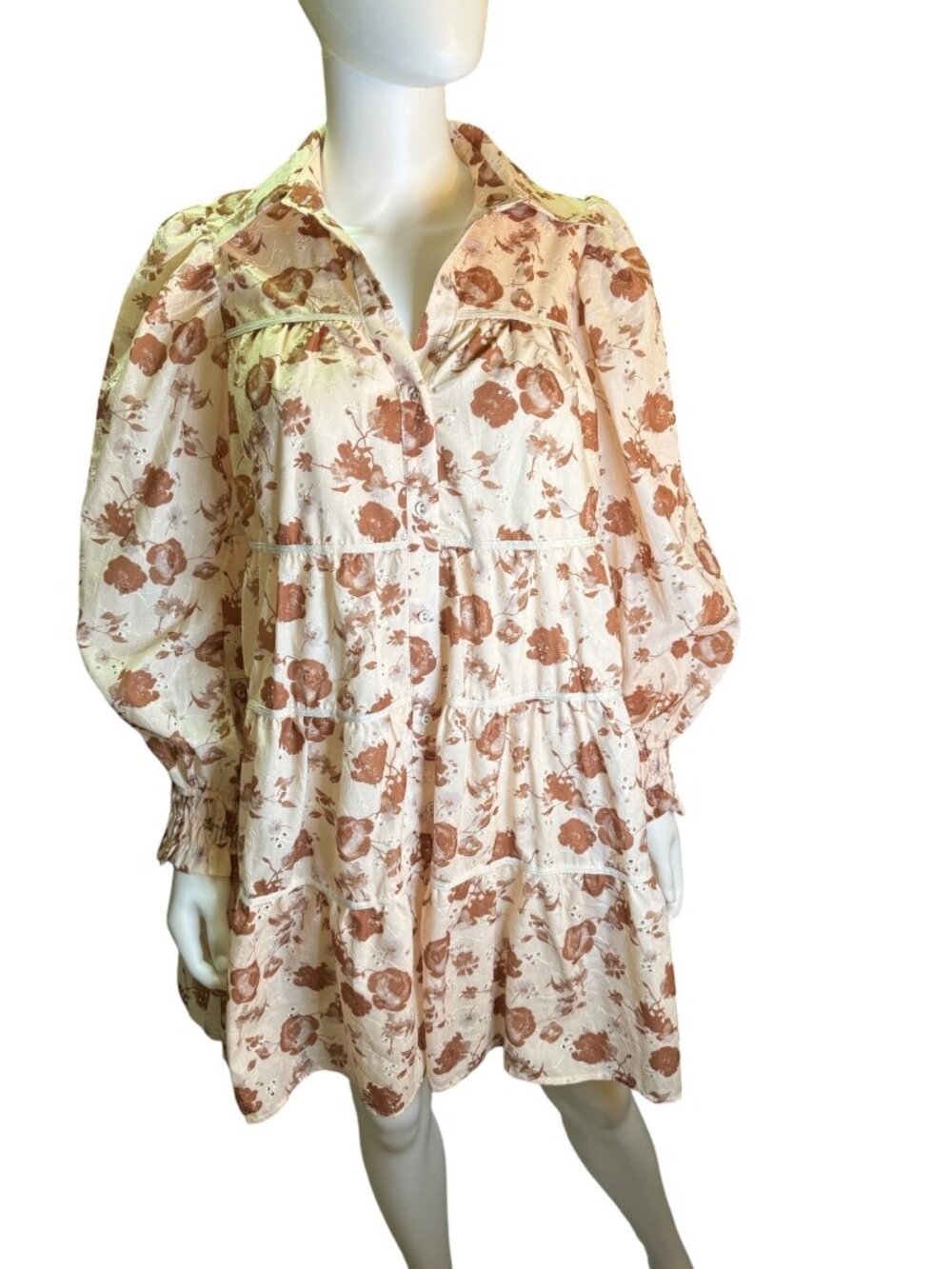 Aureum Womens Eyelet Floral Tiered Long-Sleeve Mini Dress Summer Cotton NWT
